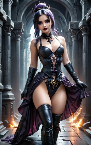 An ultra-detailed 8K masterpiece featuring gothic and fantasy styles, rendered in ultra-high resolution with stunning graphical detail. | sexy woman, is dressed in a black shadow priestess outfit with dark purple accents, a black waist sash, black gloves and boots. Her long blue hair is tied up in a high bun with two loose strands at the front. Her yellow eyes look at the viewer, smiling and showing her teeth with red lipstick. It is located in a dark temple with black rock structures and macabre structures.  The image highlights the Gothic sexy  figure  and the dark temple elements. The black rock structures, demon statues and black altars, together with the woman, create a gothic and mysterious atmosphere. A mysterious, gothic scene of a young woman in a dark temple, exploring themes of fantasy, mystery and dark magic. She takes on a sensual pose as she interacts, boldly leaning on a structure, leaning back and boldly throwing herself onto the structure, reclining back in an exhilarating way.))). | ((((full-body shot)))), ((perfect pose)), ((perfect arms):1.2), ((perfect limbs, perfect fingers, better hands, perfect hands, hands)), ((perfect legs, perfect feet):1.2), ((huge breasts))++, ((perfect design)), ((perfect composition)), ((very detailed scene, very detailed background, perfect layout, correct imperfections)), Enhance, ((Ultra details))++, ((poakl)), More Detail
