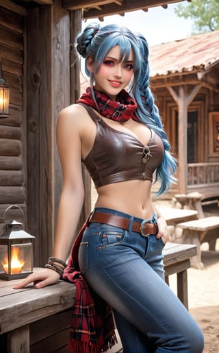 A masterpiece in Adventure, Mystery, Science Fiction, Cyberpunk and Post-apocalyptic styles. | Maya, a 20-year-old woman, is positioned in a cozy wooden house. She wears a cowboy outfit, consisting of a plaid shirt, a brown vest, jeans jeans, a cowboy hat, and leather boots. Her accessories include a red scarf around her neck and a belt with a large silver buckle. The colors and style are typical of the Old West, creating an adventurous and charming appearance. Her blue hair is styled in an elaborate way, with braids and buns, highlighting Maya's beauty and unique personality, while the braids and buns add a touch of charm and femininity. Her red eyes shine with happiness as she smiles genuinely, showing her white and well-maintained teeth, looking directly at the viewer. | The composition presents a wide-angle shot, emphasizing Maya's charming figure and the rustic elements of the house. The wooden structures, such as the wooden walls, the wooden porch, and the wooden rocking chairs, along with the stone structures, such as the stone fireplace, and the metal structures, such as the metal lanterns and the metal horseshoes, create a cozy and peaceful environment, with sounds of birds and a gentle breeze. The living room with a leather sofa, a wooden coffee table, a fireplace with a lit fire, and frames with scenes of the Old West on the walls contribute to the charming atmosphere. The rays of light that pass through the windows illuminate the scene, creating soft shadows and highlighting the details of the scene. | Soft and warm lighting effects create a cozy and charming atmosphere, while rough and detailed textures on the structures and the cowboy outfit add realism to the image. | A cozy and charming scene of Maya, a cowgirl, in a rustic Old West house, blending elements of adventure and charm. | (((((The image reveals a full-body_shot as Ava assumes a sensual_pose, engagingly leaning against a structure within the scene in an exciting manner. Ava takes on a sensual_pose as she interacts, boldly leaning on a structure, leaning back in an exciting way))))). | ((perfect_body)), ((perfect_pose)), ((full-body_shot)), ((perfect_fingers, better_hands, perfect_hands)), ((perfect_legs, perfect_feet)), (((huge breasts))), ((perfect_design)), ((perfect_composition)), ((very detailed scene, very detailed background, perfect_layout, correct_imperfections)), ((More Detail, Enhance))
