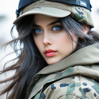 1girl, solo, looking at viewer, blue eyes, black hair, hat, jacket, upper body, lips, military, realistic, camouflage, camouflage jacket