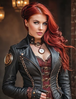  (((A stunning sexy woman in steampunk))) A striking steampunk lady stands with confidence, her piercing eyes revealing a blend of strength and allure. Her luxurious red hair cascades over her shoulder, complementing the intricate details of her leather ensemble. Dressed in a meticulously designed black leather jacket adorned with gears and chains, she exudes the perfect blend of Victorian elegance and industrial edge. Her gloved hands are clasped, showcasing her readiness to take on any challenge that comes her way. With her intense gaze, she's a force to be reckoned with in the world of steampunk. 