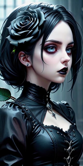 Highy detailed image, cinematic shot, (bright and intense:1.2), wide shot, perfect centralization, side view, dynamic pose, crisp, defined, HQ, detailed, HD, dynamic light & pose, motion, moody, intricate, 1girl, (((goth))) holding a black rose, attractive, clear facial expression, perfect hands, emotional, hyperrealistic inspired by necronomicon art, my baby just cares for me, fantasy horror art, photorealistic dark concept art
,goth person