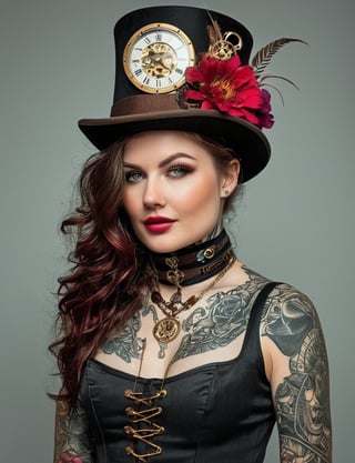 (((Steampunk lady sexy))) A visage of Victorian charm fused with punk spirit.  Her top hat, adorned with timepieces and scarlet blooms, whispers tales of adventure in hushed tones of brass and velvet. Her eyes, bright with mischief, beckon you to secrets veiled beneath curls of amethyst. The medley of intricate tattoos, like a canvas of personal mythology, each inked etching a symbol of the bold and the rebellious. The allure of the bygone entwined with the pulse of the now. She's not just a figure in the frame, but a story unfolding with each mechanical heartbeat