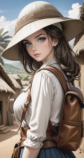 a beautiful white brunette british woman, pretty face, backpack, epic realistic, photo, 18th century explorer outfit, pith helmet, african village background, intricate scene, intricate details,