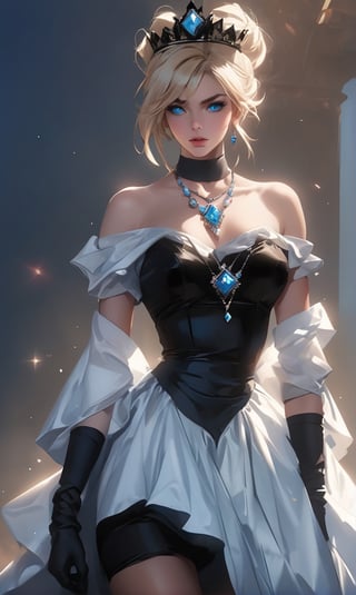 Girl, White skin, Blonde hair, Messy bun hairstyle, black crown accessory, blue eyes, Black neclace, diamond shaped necklace, sexy dress top, white dress top, hip showing dress bottom, red dress bottom, long glove, black glove.







niji6