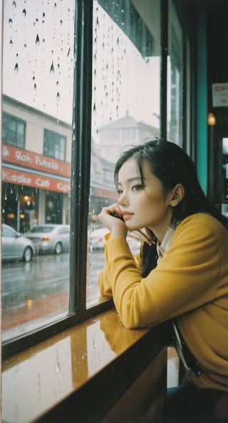  wide angle polaroid photo of a asian woman inside a cafe through a window. many raindrops on the window and very strong reflections on the window. she look far outside blankly. calm nostalgic atmosphere. film grain. kodak portra 800 film.