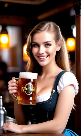 Cinematic photo, fantasy inn, Happy smiling beautiful bar wench, serving large mugs of beer in a busy inn, incredibly beautiful face, realistic shadows, skinny 