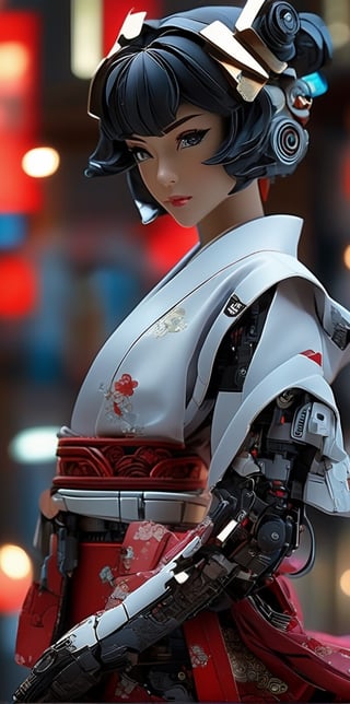 Capture the essence of an anime figurine depicting an Cyberpunk white kimono girl with robots in a dynamic pose, set against a red base inspired by the Japanese landscapes. Dress the character in a unique and colorful outfit that reflects the Japanese culture. Use a macro lens to capture the intricate details of the figurine and base, in the style of katsuya terada, Canon EOS R5, Canon EF 100mm f/2.8L Macro IS USM