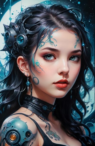 Airbrush Oil painting, anime style, dark myth, mysterious futuristic mecha girl, tattoo, Pastel colors, gouache, Art by Tim Burton, James Jean, Craola, RossDraws. closeup, off shoulders, rim lighting, fantasy complex background, dark theme, 2d fantasy poster, oil painting masterpiece, ember particles, vine
