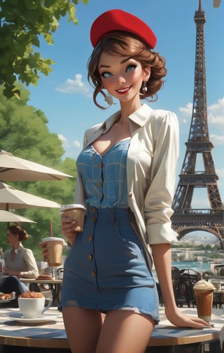 (masterpiece), best quality, expressive eyes, blue eyes, perfect face, outdoor cafe, Paris, (Eiffel Tower in background),  slender, slender legs, (perky breasts), cute blouse, (checkered coat), (long high waisted jeans), high heel boots, medium brown hair, braids, (freckles), coffee and pastries on table, red lipstick, (red beret), big smile, day









niji6