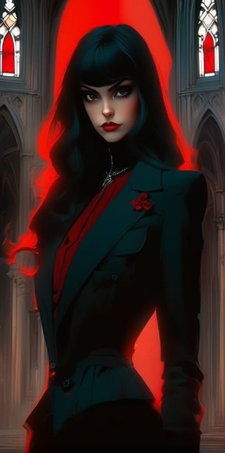 cinematic detailed illustrations of a vampiric girl in a cathedral background 1980s anime in the style of victoria goth, realist detail, pulp comics, dark red