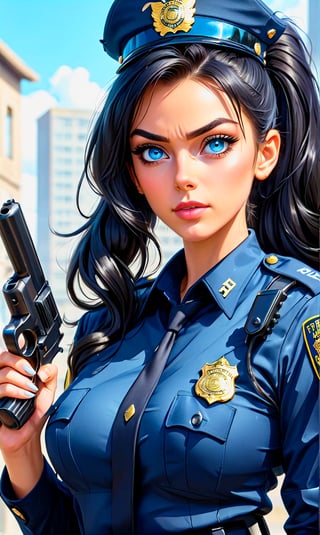 (masterpiece), best quality, expressive eyes, perfect face, (police), ((woman)), (hair up in high ponytail), (long wavy hair), ((black hair)), ((gold and blue eyes)), (slim eyes), ((in police uniform)), ((holding gun at viewer)), {{{vivid colors}}}, {{{PROFESSIONAL}}}.





niji6