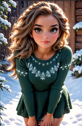 Full body portrait of a young woman with a knitted mini dress outfit, clear distinct light brown realistic eyes; Michael Garmash, Daniel F Gerhartz, strybk style, warm dreamy lighting, snow background, volumetric lighting, pulp adventure style, fluid acrylic, dynamic gradients, bold colour, illustration, highly detailed, simple, smooth and clean vector curves, vector art, smooth, johan grenier, character design, 3d shadowing, cinematic, ornate motifs, elegant organic framing, hyperrealism, posterized, masterpiece collection, bright lush colours, penumbra, wet gouache
