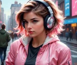 a woman wearing headphones and a pink jacket, a photorealistic painting by Alexander Kucharsky, cgsociety, photorealism, ilya kuvshinov, daz3d, photorealistic
