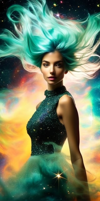 A woman with aquamarine hair, dress, colorful space nebula, in the style of Annie Leibovitz, high contrast, shallow depth of field