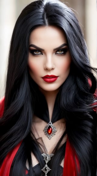 dark female evil lord with long black hair, black and red cloak