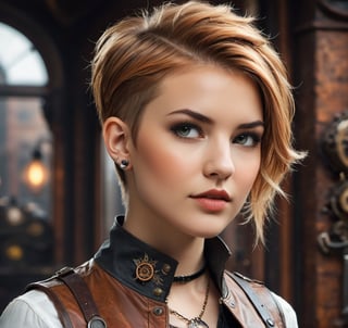 Stunning portrait, rebellious steampunk beauty, shaved undercut blond-auburn pixie-cut, beautiful detailed eyes, perfect detailed face, leather vest, necklane, tight jeans, character portrait, complex, masterpiece, expert, insanely detailed, high resolution, perfect composition, beautifully detailed, complex, trending on artstation
,steampunk style