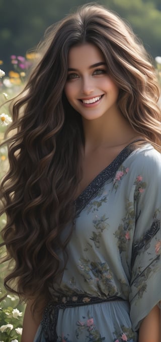 1girl, solo, long hair, looking at viewer, smile, brown hair, black hair, jewelry, outdoors, bracelet, wavy hair, floral print, ground , realistic