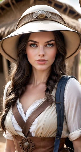 a beautiful white brunette british woman, pretty face, backpack, epic realistic, photo, 18th century explorer outfit, pith helmet, african village background, intricate scene, intricate details,