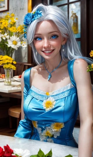 vibrant colors, woman,((medium breast)), masterpiece, sharp focus, best quality, depth of field, cinematic lighting, white hair, blue eyes, bright smile, blue and white flowers, blue luxurious dress, blue and white theme, red eyes, yellow hair, very long hair, cafe, indoors, setting, food, from above, smiling, casual clothes,