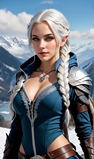 Extreme detailed,ultra Realistic, beautiful sexy  lady,platinum silver shining hair, long elvish braid, side braid, blue-grey eyes,elf ears,(carries a beautiful hawk on arm:1.2), Wearing leather tunic, hooded cloak, animal fur hood, intricate clothing, animal fur clothing, dark clothing, waistband, scarf, soft smile, bending posture, looking into the distance, snowy mountain scenery, overlooking valley, river, white clouds, seen from behind,ol1v1adunne
