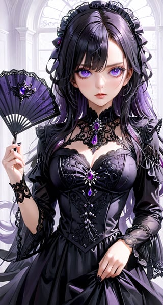 Gothic Glam: A model with jet-black hair in a gothic widow's peak and mesmerizing purple eyes holds a black lace fan. She's dressed in a flowing black gown, creating an air of mystery.