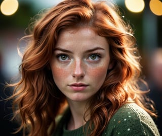 A realistic portrait of an Irish girl with wavy red hair and (((freckled face))), delicate features, textured skin, realistic features, skin pores, imperfect skin, shot with a Canon 1DX Mark iii, 50mm lens, bokeh, sharp focus, professional photography, warm lighting, soft lights, realistic dark green eyes, perfect close up composition, Living room as background
