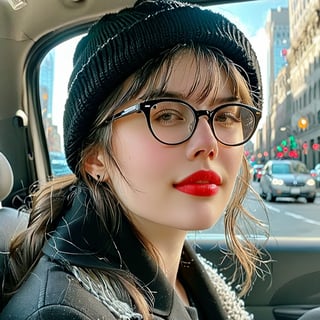 there is a woman with glasses and a hat sitting in a car, sitting in her car, thick glasses, taken in the early 2020s, black and grey, profile image, with glasses, lacey, 18 years old, wearing black glasses, sitting down casually, angie glocka, casually dressed, black glasses, big glasses, in the city
