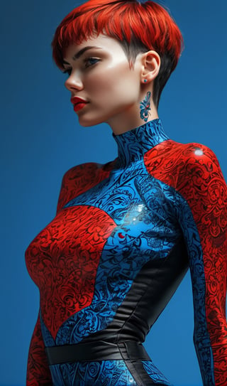 woman with short shaved hair, red, blue and black, fullbody, ultra hd, realistic, vivid colors, highly detailed, UHD drawing, pen and ink, perfect composition, beautiful detailed intricate insanely detailed octane render trending on artstation, 8k artistic photography, photorealistic concept art, soft natural volumetric cinematic perfect light