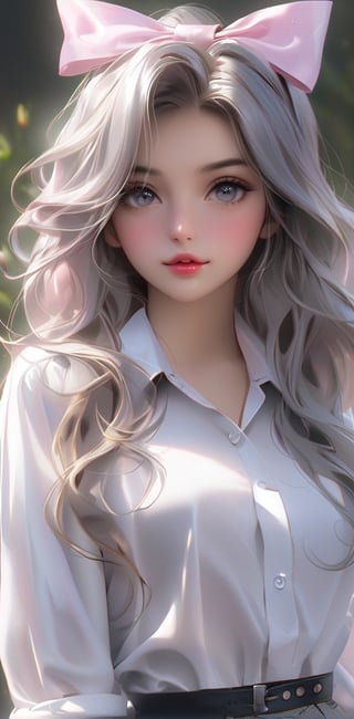 1girl, solo, long hair, looking at viewer, shirt, bow, jewelry, white shirt, (((upper full body))), whitelile hair, hair bow, lips, grey eyes, wavy lile hair, realistic