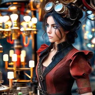 (((masterpiece, 8k, ultra-detailed, best quality, best quality, photo realistic))), ((illustration, steampunk)), (looking away), 1girl, black hair, medium hair, bun hair, red eyes, red dress, goggles on head, workshop, inventions everywhere, candle lit, time machine
