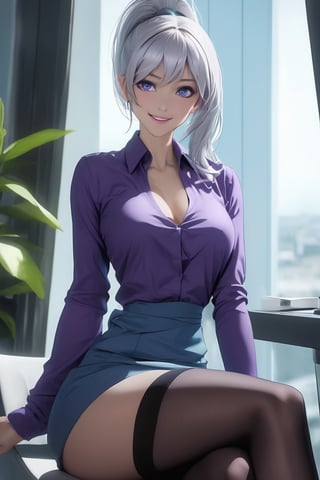 (masterpiece), best quality, expressive eyes, perfect face, secretary, sitting with legs crossed, black stockings, seductive smile, translucent stockings, glasses, mature, detailed eyes, crisp eyes, detailed background, office, perfect body, white hair, pony tail, purple eyes, sexy, stern, blue dress, wearing heels
niji6