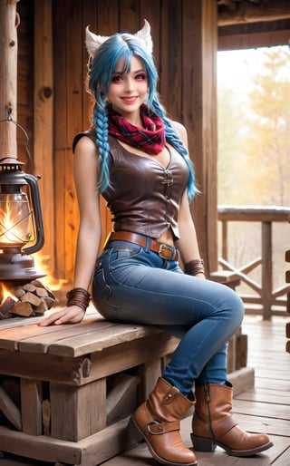 A masterpiece in Adventure, Mystery, Science Fiction, Cyberpunk and Post-apocalyptic styles. | Maya, a 20-year-old woman, is positioned in a cozy wooden house. She wears a cowboy outfit, consisting of a plaid shirt, a brown vest, jeans jeans, a cowboy hat, and leather boots. Her accessories include a red scarf around her neck and a belt with a large silver buckle. The colors and style are typical of the Old West, creating an adventurous and charming appearance. Her blue hair is styled in an elaborate way, with braids and buns, highlighting Maya's beauty and unique personality, while the braids and buns add a touch of charm and femininity. Her red eyes shine with happiness as she smiles genuinely, showing her white and well-maintained teeth, looking directly at the viewer. | The composition presents a wide-angle shot, emphasizing Maya's charming figure and the rustic elements of the house. The wooden structures, such as the wooden walls, the wooden porch, and the wooden rocking chairs, along with the stone structures, such as the stone fireplace, and the metal structures, such as the metal lanterns and the metal horseshoes, create a cozy and peaceful environment, with sounds of birds and a gentle breeze. The living room with a leather sofa, a wooden coffee table, a fireplace with a lit fire, and frames with scenes of the Old West on the walls contribute to the charming atmosphere. The rays of light that pass through the windows illuminate the scene, creating soft shadows and highlighting the details of the scene. | Soft and warm lighting effects create a cozy and charming atmosphere, while rough and detailed textures on the structures and the cowboy outfit add realism to the image. | A cozy and charming scene of Maya, a cowgirl, in a rustic Old West house, blending elements of adventure and charm. | (((((The image reveals a full-body_shot as Ava assumes a sensual_pose, engagingly leaning against a structure within the scene in an exciting manner. Ava takes on a sensual_pose as she interacts, boldly leaning on a structure, leaning back in an exciting way))))). | ((perfect_body)), ((perfect_pose)), ((full-body_shot)), ((perfect_fingers, better_hands, perfect_hands)), ((perfect_legs, perfect_feet)), (((huge breasts))), ((perfect_design)), ((perfect_composition)), ((very detailed scene, very detailed background, perfect_layout, correct_imperfections)), ((More Detail, Enhance))
