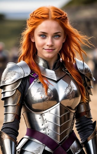 A beautiful girl with orange hair purple eyes a little tan and is from game of throne wearing a dornish armor from dorne with raeghal thedragon behind while she smile they’re at kingslanding she have a sword in her hands



