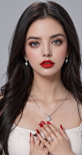 1girl, solo, long hair, looking at viewer, black hair, jewelry, upper body, parted lips, grey background, necklace, nail polish, mole, black eyes, lips, mole under eye, makeup, lipstick, red nails, realistic, red lips