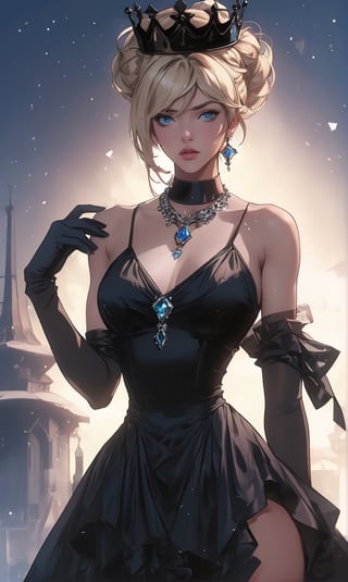 Girl, White skin, Blonde hair, Messy bun hairstyle, black crown accessory, blue eyes, Black neclace, diamond shaped necklace, sexy dress top, white dress top, hip showing dress bottom, red dress bottom, long glove, black glove.







niji6