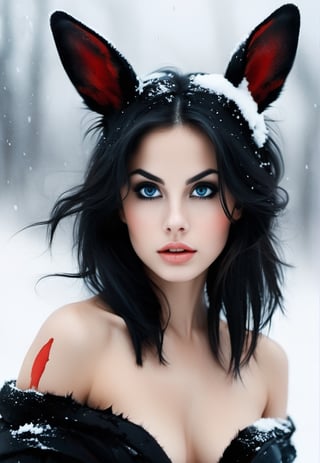 Art by Mélanie Delon, Alberto Seveso, Black rabbit in the snow, Beautiful young woman, perfect body, perfect face, digital painting, highly detailed, Big red eyes, Slim. Night, Voluminous, long black hair, Artistic dark painting.
