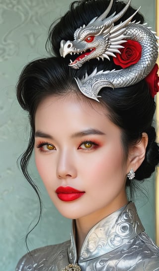  An elegant Japan woman with fair skin and a sophisticated appearance  Her poised profile shows soft facial features, dark arched eyebrows, and full red lips. Her raven-black hair transitions into a chic updo at the back with a large, ornate dragon-scale hair accessory that mimics a dragon's head crest. Intricate silver dragon-themed jewellery adorns her ears. She possesses a slender neck and shoulders, exuding grace and strength. The silver her little one dragon is a centrepiece, featuring a plethora of finely detailed scales. The dragon's eyes are keen and yellow, with slit pupils, set in fierce, intelligent faces. Its horns and spines carry the same elaborate patterning found in the woman's headdress, indicating a shared affinity. The background is minimalistic, casting focus onto the subjects, and the image carries a colour palette dominated by silver, grey, and hints of muted ivory, evoking an ethereal atmosphere. The composition conveys a narrative of unity and power between human and mythical creature, blending reality with fantasy in seamless harmony.