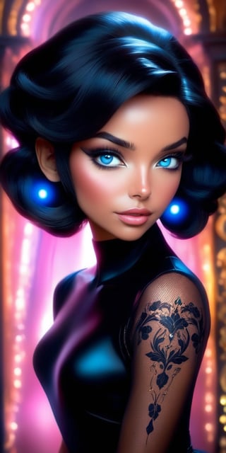 Get lost in the ethereal beauty of "Lady black, " an extraordinary creation in the style of loish. With a wonderfully symmetrical face and slight tan skin and blue eyes and black hair wearing a black tight dress and realistic relighting