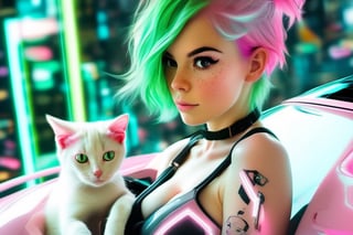 quirky sexy girl solo breast with pink hair, Gemma Correll, with freckles and a cat on her shoulder, photo-manipulated, cyberpunk genre, pastel green realistic image.,