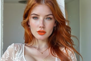 1girl, solo, long hair, breasts, looking at viewer, jewelry, earrings, parted lips, orange hair, lips, head tilt