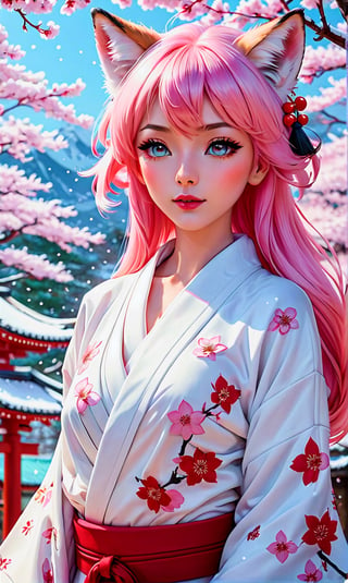 (masterpiece), best quality, expressive eyes, perfect face, girl, fox ears, (fluffy) nine fox tails, light pink hair, torquise eyes, white and red kimono, sakura tree in background, lightly snowing, beutiful sunlight, japanese shrine.





niji6