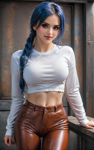 Ultra-detailed 8K image with ultra-realistic  sexy woman. She wears a long-sleeved white collarless t-shirt, brown leather pants and brown leather boots, all of which are well fitted to her body, highlighting her sensual curves. Her long blue hair is tied into two long, straight pigtails with a shiny barrette. His red eyes look directly at the viewer, with a seductive smile showing his teeth, while his face is reddened and hot breath comes out of his mouth. . She takes on a sensual-pose as she interacts, boldly leaning on a structure, leaning back in an exciting way))))). | ((perfect anatomy, perfect body)), ((((perfect pose)))), ((perfect fingers, better hands, perfect hands, perfect legs, perfect feet)), (((perfect breasts, huge breasts)) ), ((perfect design, correct errors, perfect composition, very detailed scene, very detailed background, correct imperfections, perfect layout):1.2), Add more detail, More Detail, Enhance