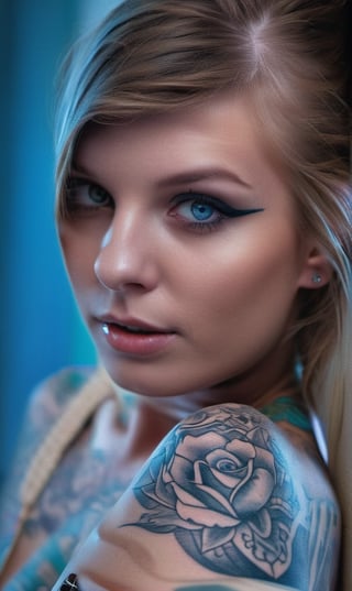 Tattooed Female Portrait, With Light Blue Eyes, Visible Tattoos, Digital Photography, Raw format, 8k, ultra realistic, hyper detailed

