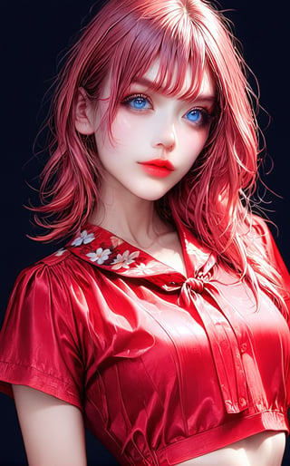 1 woman.(photorealstic face).(ultradetailed:1.4)16K.sheer red cropped top. bustshot.blunt bangscut hair.best.musterpiece.redeyeliner.flower print neckband.pinkeyeshadow.,Marinette, blue_eyes, Marinette Dupain-Cheng