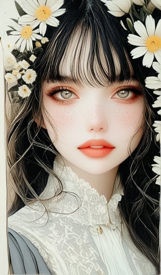 (1woman:1.5), long_black_hair, straight_hair, detailed_hair, messy_hair, flower_in_hair, sparkling_eyes, eyelashes, blushing, freckles, full_lips, parted_lips, vintage_outfit, upper_body_shot, portrait, (black and white:1.5), vintage image, side_view, looking_at_viewer, seductive_look