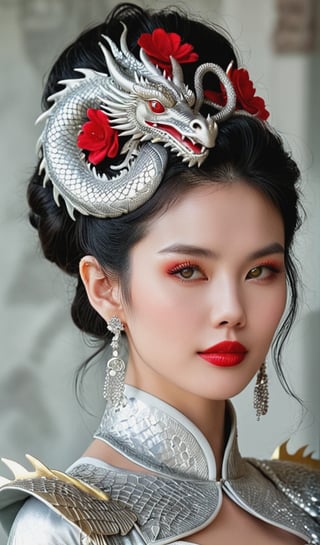  An elegant Japan woman with fair skin and a sophisticated appearance  Her poised profile shows soft facial features, dark arched eyebrows, and full red lips. Her raven-black hair transitions into a chic updo at the back with a large, ornate dragon-scale hair accessory that mimics a dragon's head crest. Intricate silver dragon-themed jewellery adorns her ears. She possesses a slender neck and shoulders, exuding grace and strength. The silver her little one dragon is a centrepiece, featuring a plethora of finely detailed scales. The dragon's eyes are keen and yellow, with slit pupils, set in fierce, intelligent faces. Its horns and spines carry the same elaborate patterning found in the woman's headdress, indicating a shared affinity. The background is minimalistic, casting focus onto the subjects, and the image carries a colour palette dominated by silver, grey, and hints of muted ivory, evoking an ethereal atmosphere. The composition conveys a narrative of unity and power between human and mythical creature, blending reality with fantasy in seamless harmony.