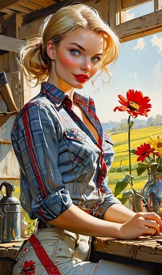 art by Ralph Horsley and Simone Bianchi, pin up girl, blond hair in 50`s style, perfect detailed face and clear eyes, red lipstick, she is working on a farm, wear a knotted checked blouse and a short pant with braces, complex farm background, interior sun rays, butteries white, silver and chrome watercolor painting, Jean-Baptiste Monge style, bright, beautiful in spring, splash, big perfect eyes, rim lighting, lights, magic, fantasy, digital art, wlop, artgerm and james jean