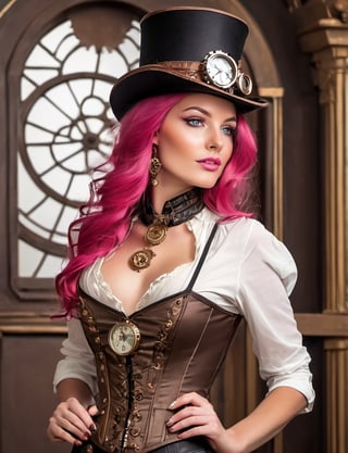  (((A stunning sexy woman in steampunk))) A striking woman with flowing pink hair stands against an ornate, wooden backdrop, her steampunk attire radiating both elegance and boldness. She wears a meticulously crafted top hat adorned with brass goggles and intricate details, perfectly complementing her captivating gaze. Her outfit, featuring a white blouse with a pink corset and brass embellishments, combines vintage charm with modern allure. The delicate lace and skull choker around her neck add a touch of mystery and sophistication, enhancing her enigmatic presence. With every element thoughtfully designed, she embodies the essence of steampunk fashion, blending the past and future seamlessly.