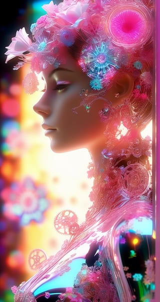 Radiation glowing side profile of glossy pink porcelain woman with multicoloured flowers growing out, cogs, gears, intricate details, uncanny valley, expression, model, professional, modelled, octane render, ray tracing, reflection, refraction, volumetric lighting, neon lighting 