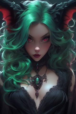 (best quality, masterpiece, colorful, dynamic angle, highest detailed)upper body photo, fashion photography of cute succubus girl, gothic, large demon red wings (high resolution textures), long green hair, (abstract art), half demon, crimson cat iris, cat eyes, vampire very long fangs, (intricate details, hyperdetailed:1.15), detailed, moonlight passing through hair, (official art, extreme detailed, highest detailed), real,art_booster